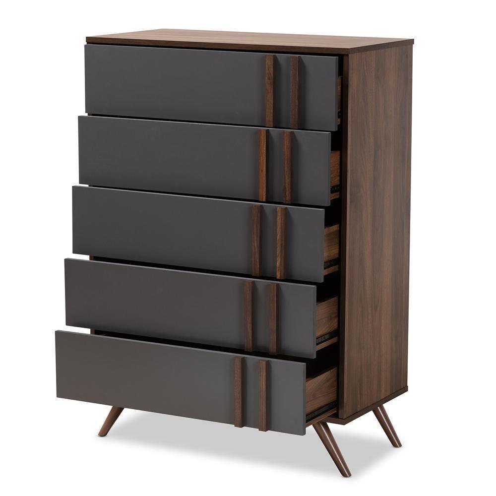 Naoki Modern and Contemporary Two-Tone Grey and Walnut Finished Wood 5-Drawer Bedroom Chest FredCo