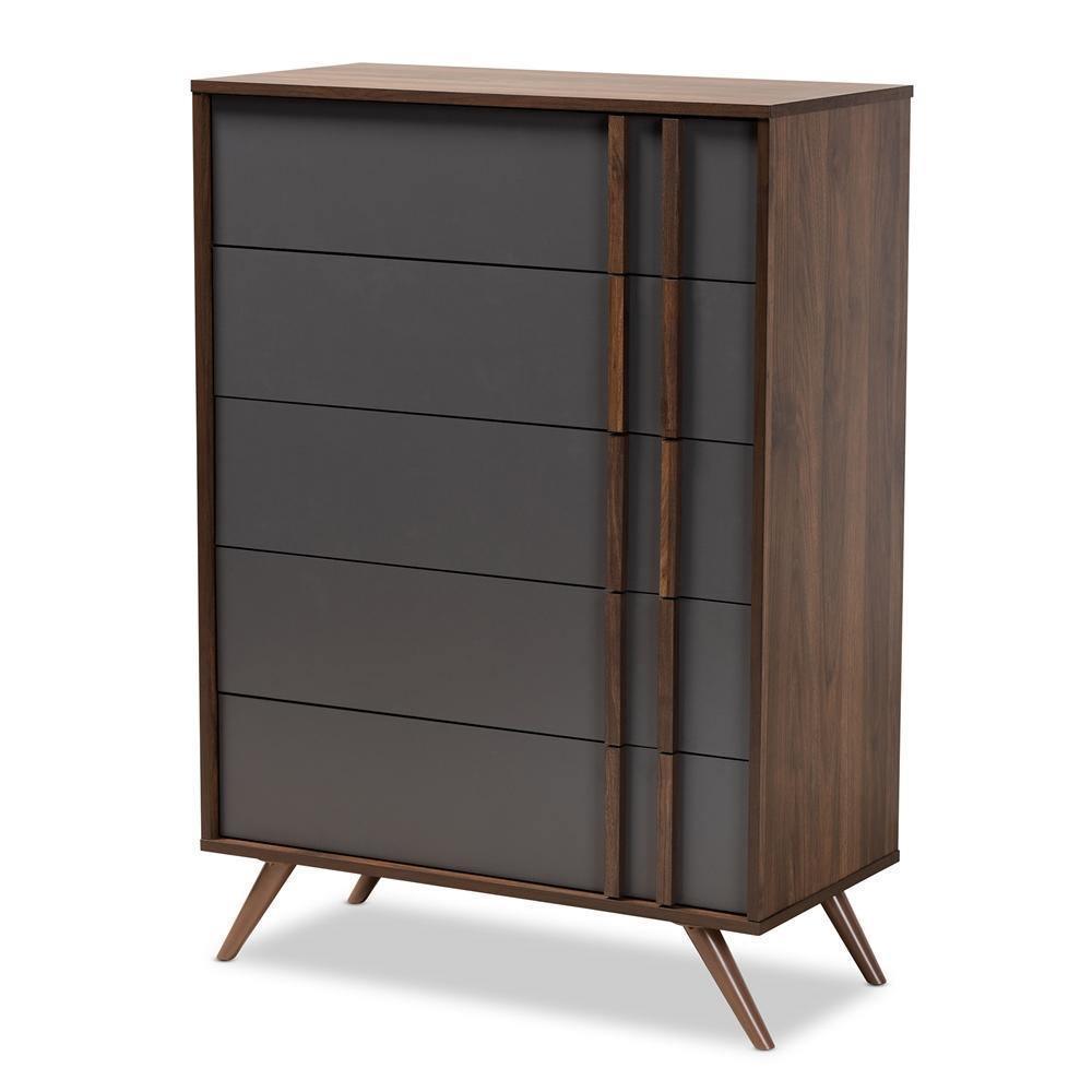 Naoki Modern and Contemporary Two-Tone Grey and Walnut Finished Wood 5-Drawer Bedroom Chest FredCo