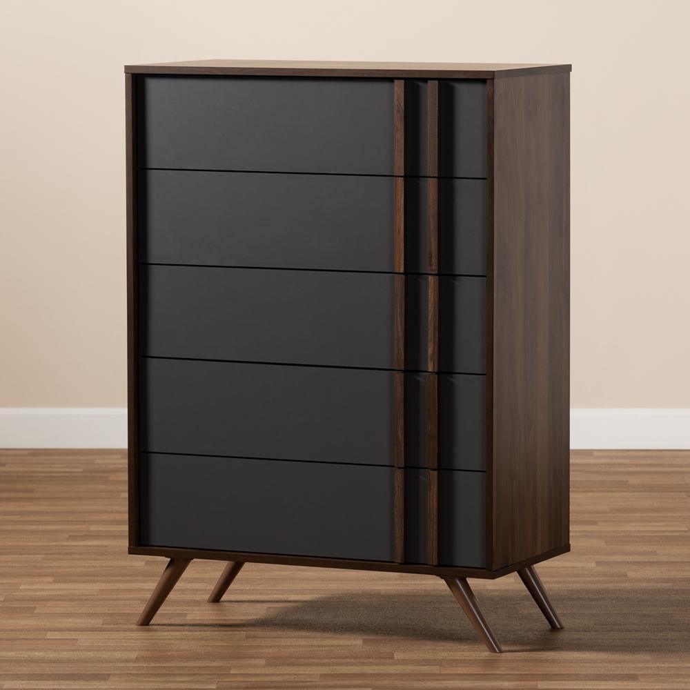 Naoki Modern and Contemporary Two-Tone Grey and Walnut Finished Wood 5-Drawer Bedroom Chest FredCo