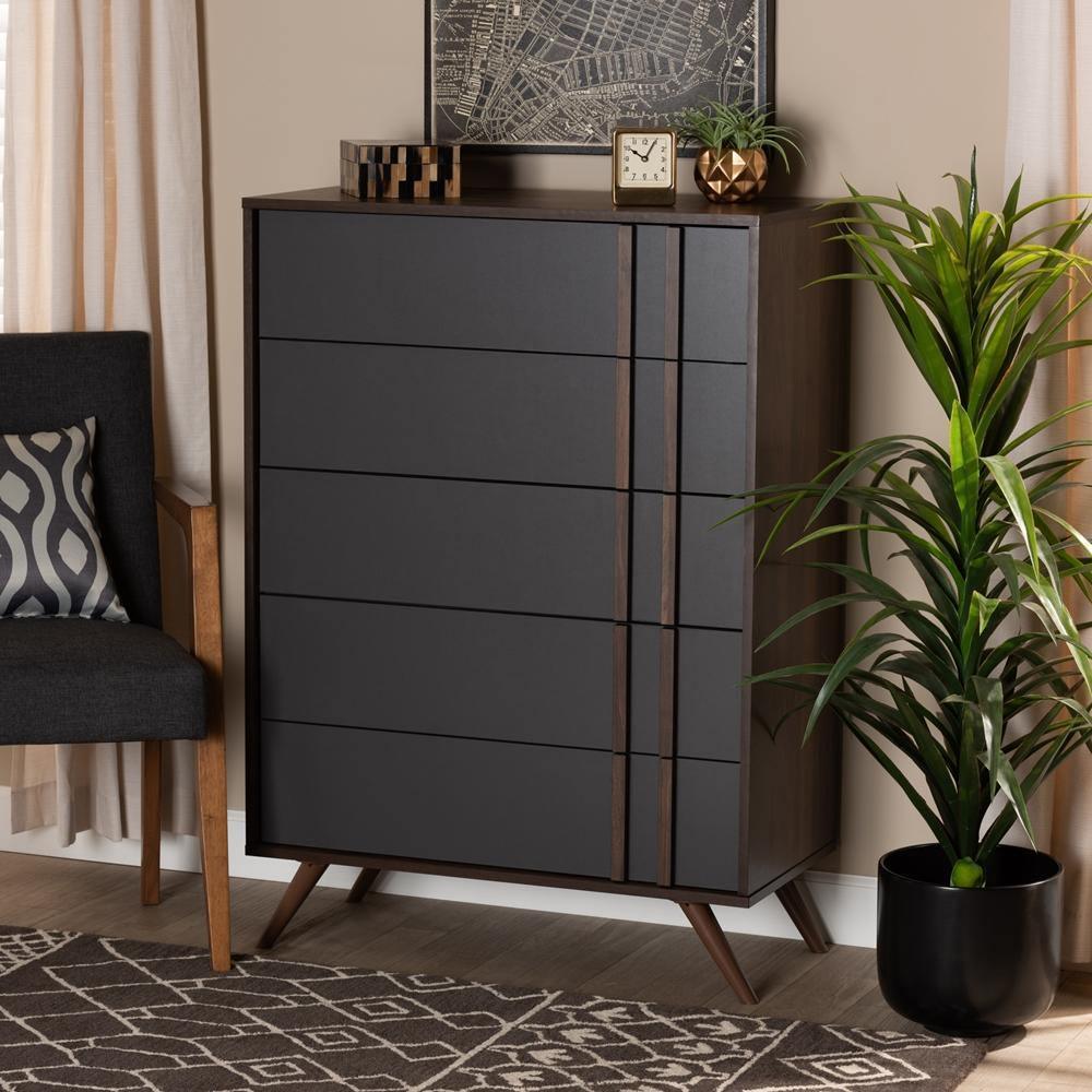 Naoki Modern and Contemporary Two-Tone Grey and Walnut Finished Wood 5-Drawer Bedroom Chest FredCo