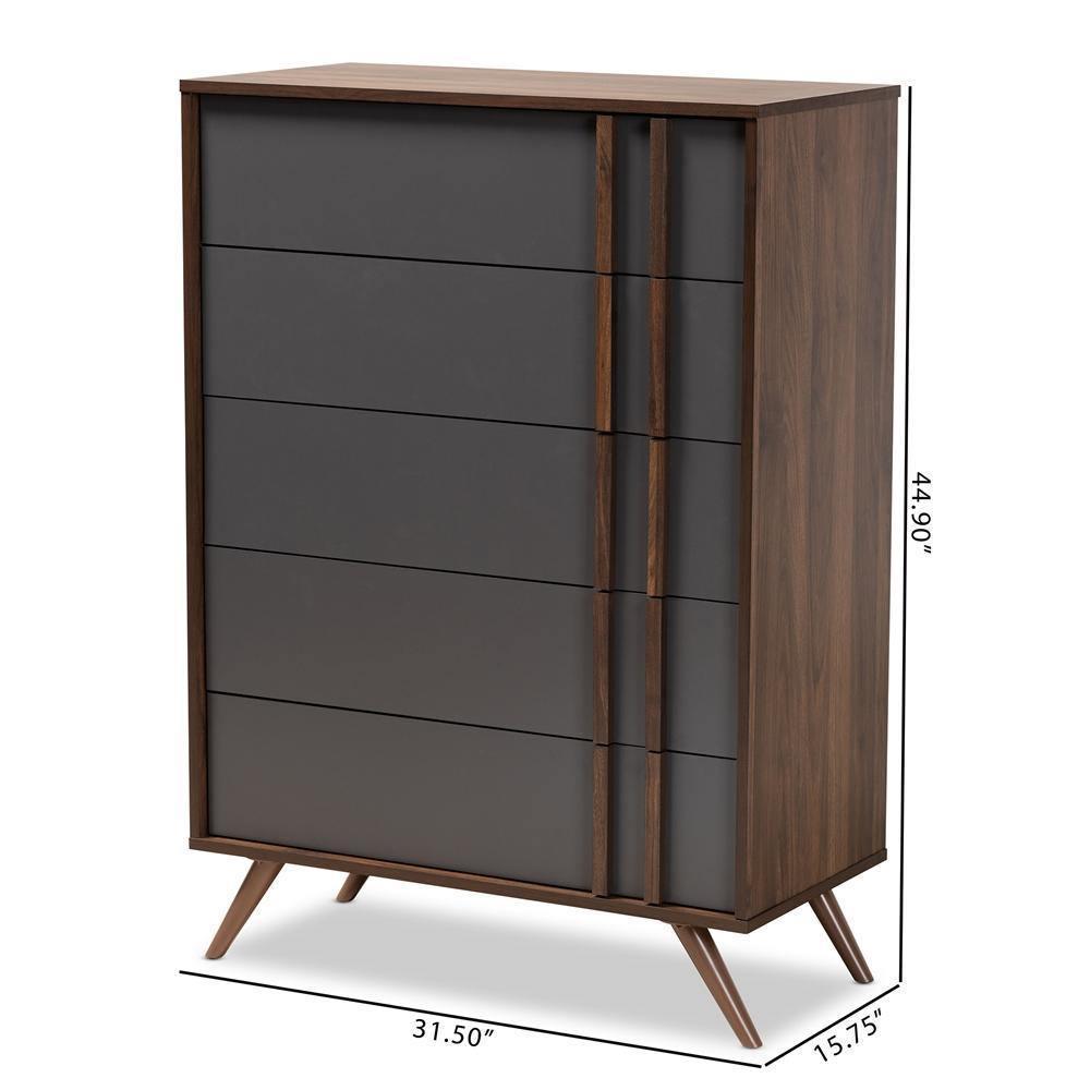 Naoki Modern and Contemporary Two-Tone Grey and Walnut Finished Wood 5-Drawer Bedroom Chest FredCo