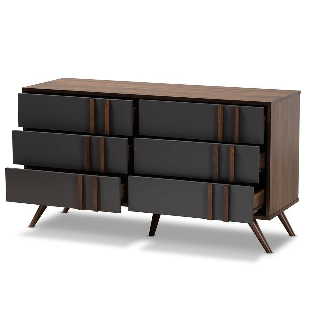 Naoki Modern and Contemporary Two-Tone Grey and Walnut Finished Wood 6-Drawer Bedroom Dresser FredCo