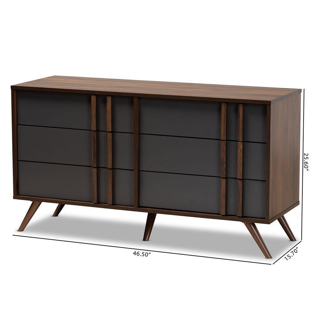 Naoki Modern and Contemporary Two-Tone Grey and Walnut Finished Wood 6-Drawer Bedroom Dresser FredCo