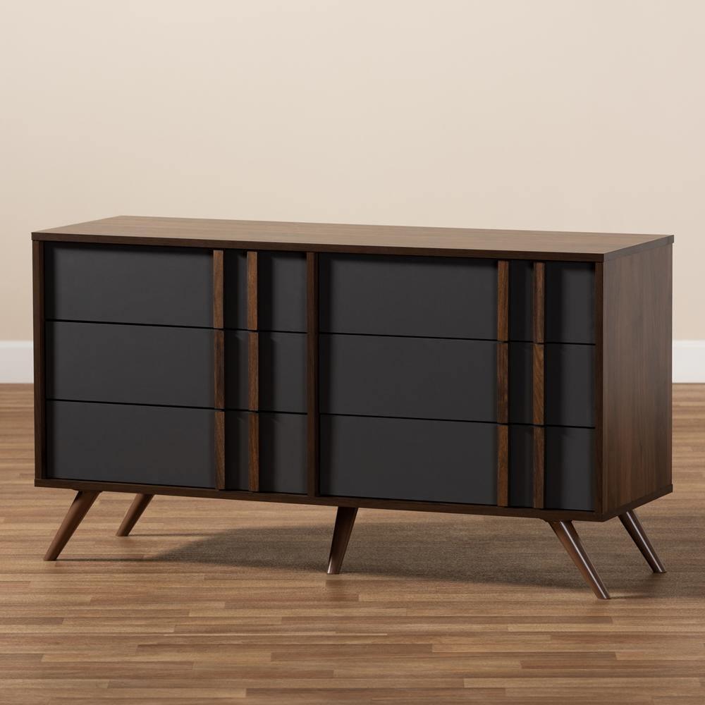 Naoki Modern and Contemporary Two-Tone Grey and Walnut Finished Wood 6-Drawer Bedroom Dresser FredCo
