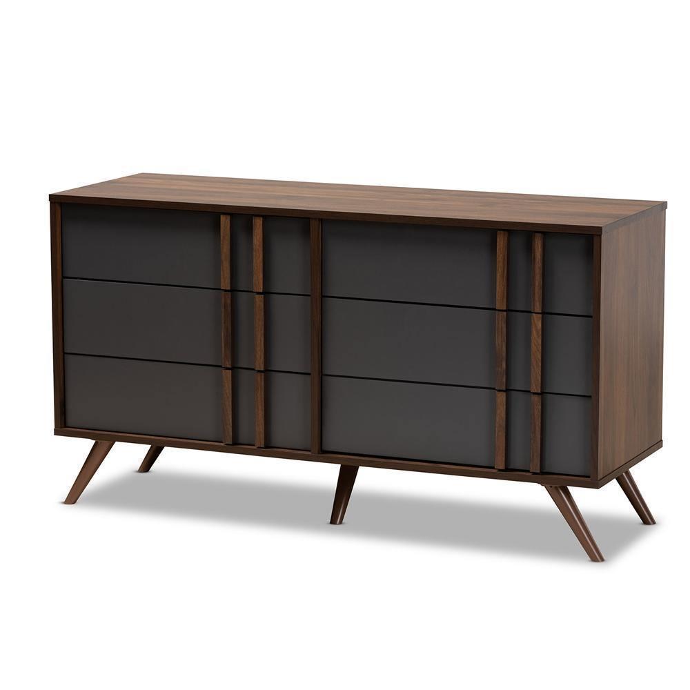 Naoki Modern and Contemporary Two-Tone Grey and Walnut Finished Wood 6-Drawer Bedroom Dresser FredCo