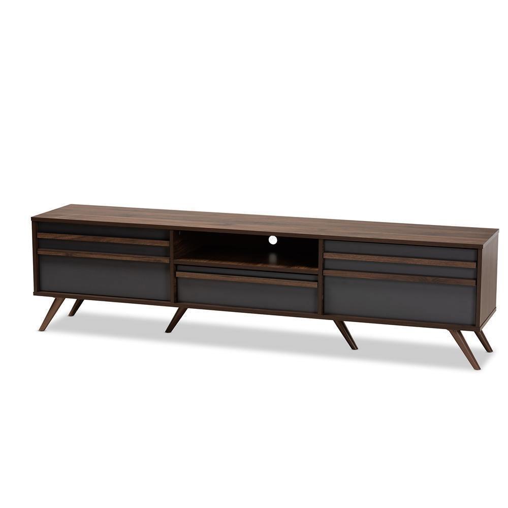 Naoki Modern and Contemporary Two-Tone Grey and Walnut Finished Wood TV Stand with Drop-Down Compartments FredCo