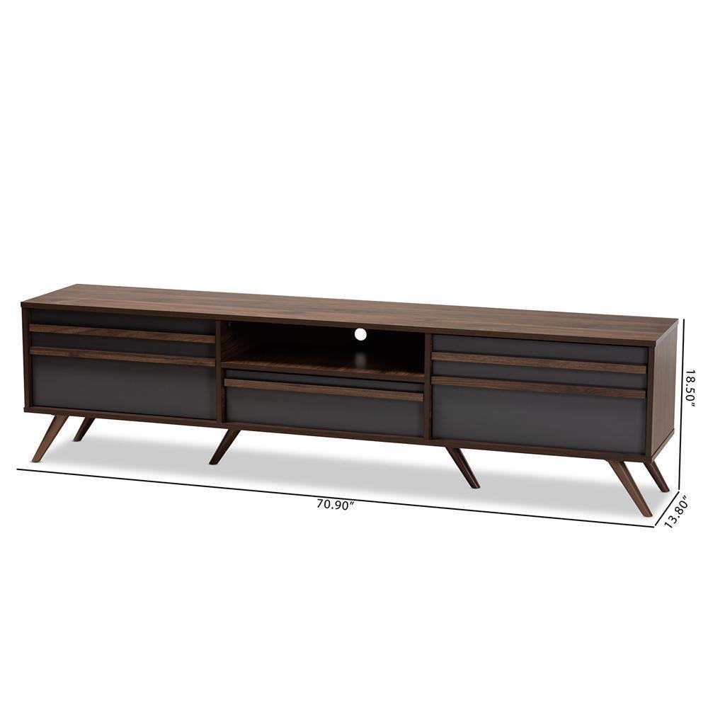 Naoki Modern and Contemporary Two-Tone Grey and Walnut Finished Wood TV Stand with Drop-Down Compartments FredCo