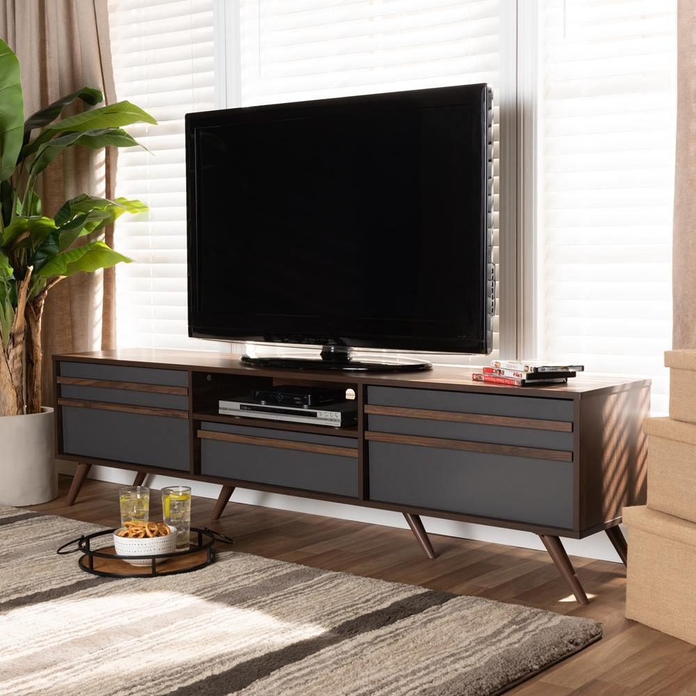 Naoki Modern and Contemporary Two-Tone Grey and Walnut Finished Wood TV Stand with Drop-Down Compartments FredCo
