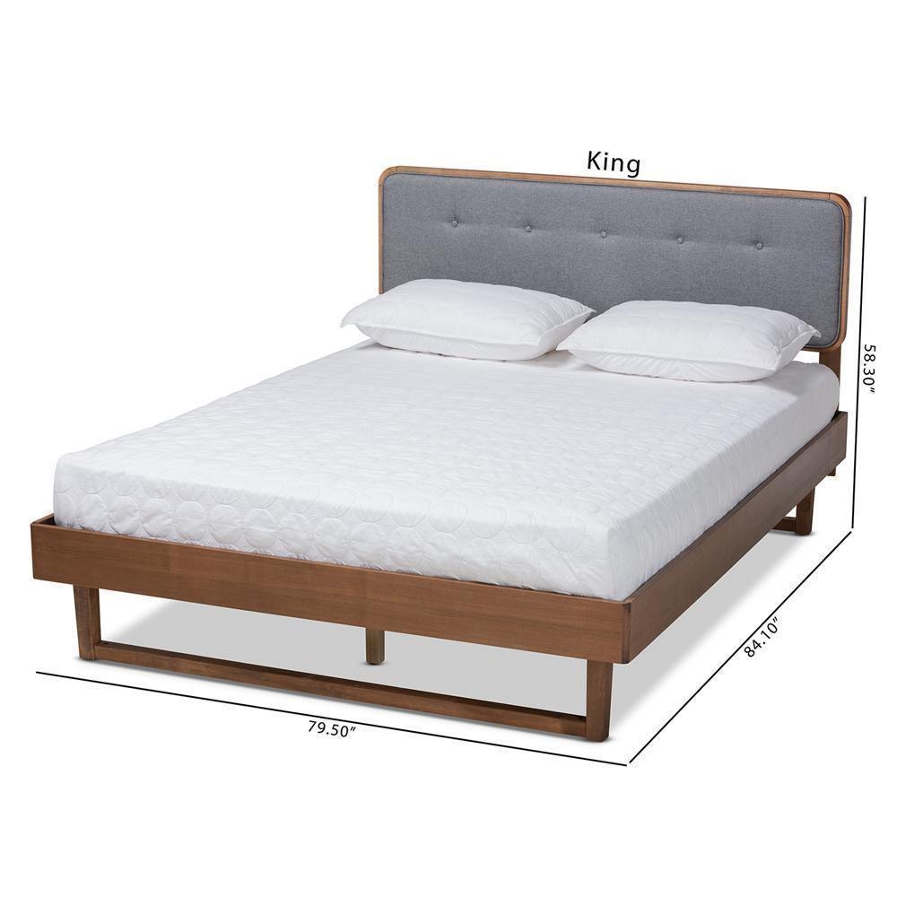 Natalia Mid-Century Modern Dark Grey Fabric Upholstered and Ash Walnut Finished Wood Queen Size Platform Bed FredCo