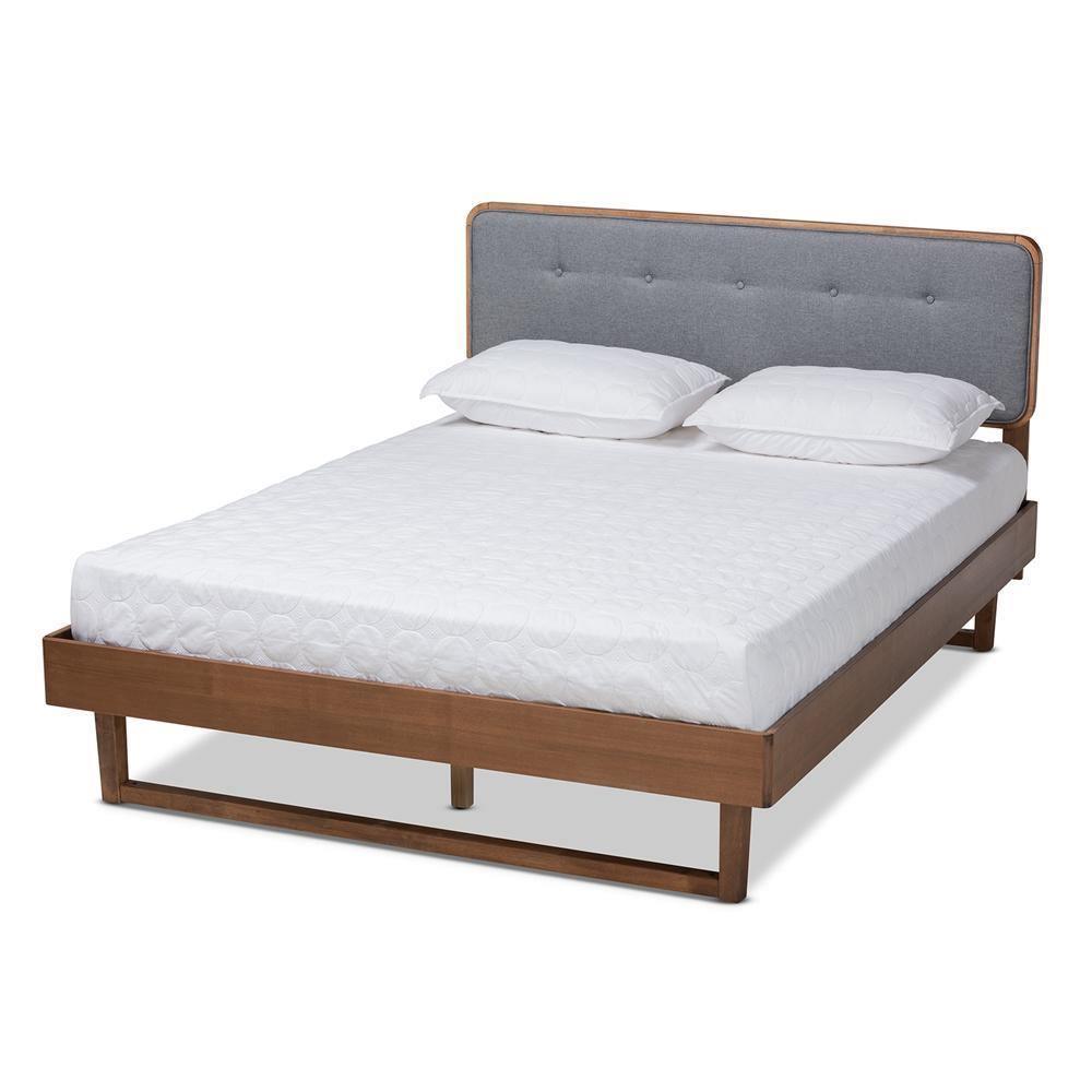 Natalia Mid-Century Modern Dark Grey Fabric Upholstered and Ash Walnut Finished Wood Queen Size Platform Bed FredCo