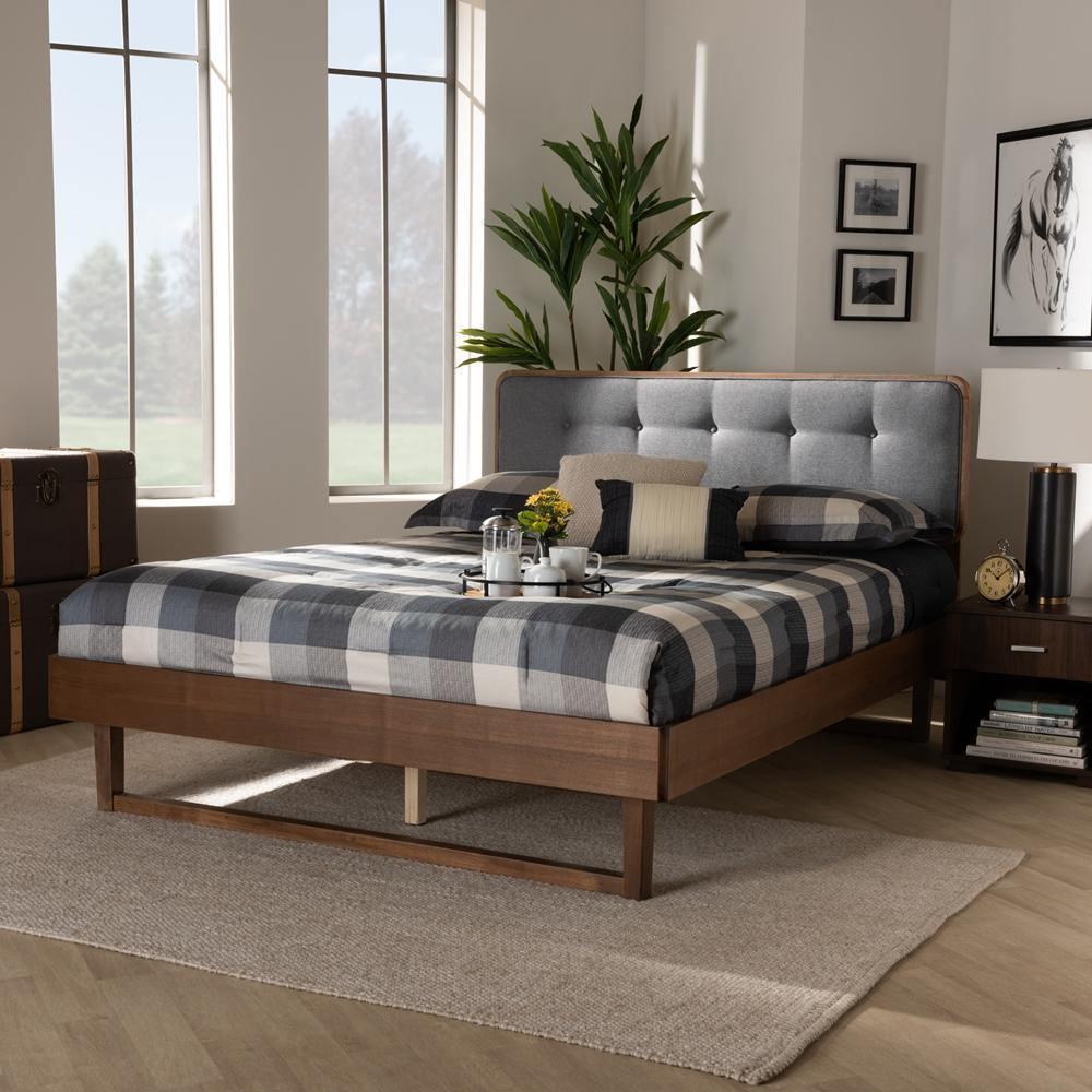 Natalia Mid-Century Modern Dark Grey Fabric Upholstered and Ash Walnut Finished Wood Queen Size Platform Bed FredCo