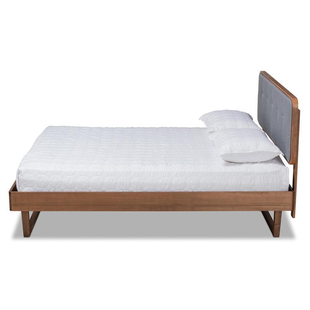 Natalia Mid-Century Modern Dark Grey Fabric Upholstered and Ash Walnut Finished Wood Queen Size Platform Bed FredCo