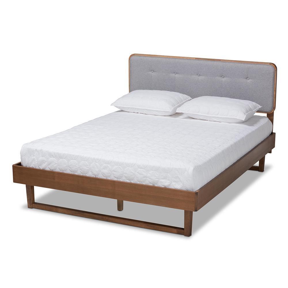 Natalia Mid-Century Modern Light Grey Fabric Upholstered and Ash Walnut Finished Wood King Size Platform Bed FredCo