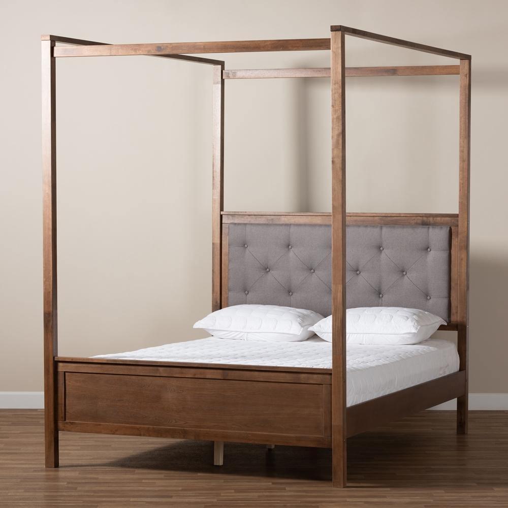 Natasha Modern and Contemporary Grey Fabric Upholstered and Walnut Brown Finished Wood Queen Size Platform Canopy Bed FredCo