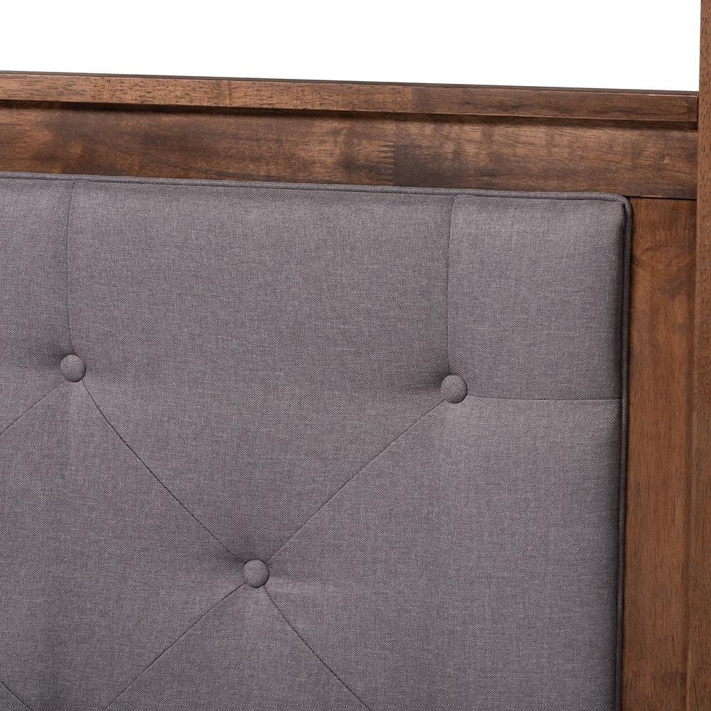 Natasha Modern and Contemporary Grey Fabric Upholstered and Walnut Brown Finished Wood Queen Size Platform Canopy Bed FredCo