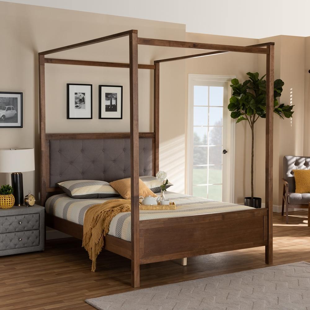 Natasha Modern and Contemporary Grey Fabric Upholstered and Walnut Brown Finished Wood Queen Size Platform Canopy Bed FredCo