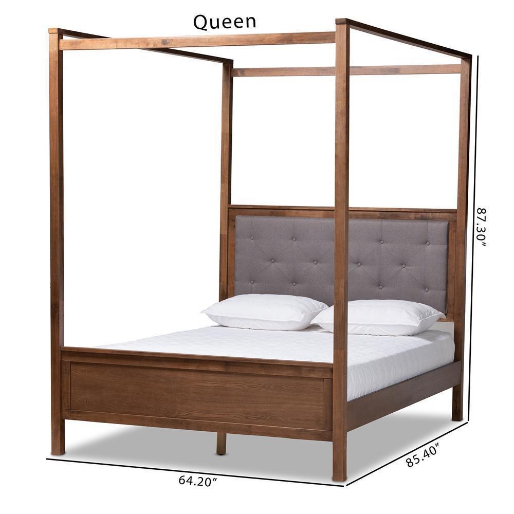 Natasha Modern and Contemporary Grey Fabric Upholstered and Walnut Brown Finished Wood Queen Size Platform Canopy Bed FredCo