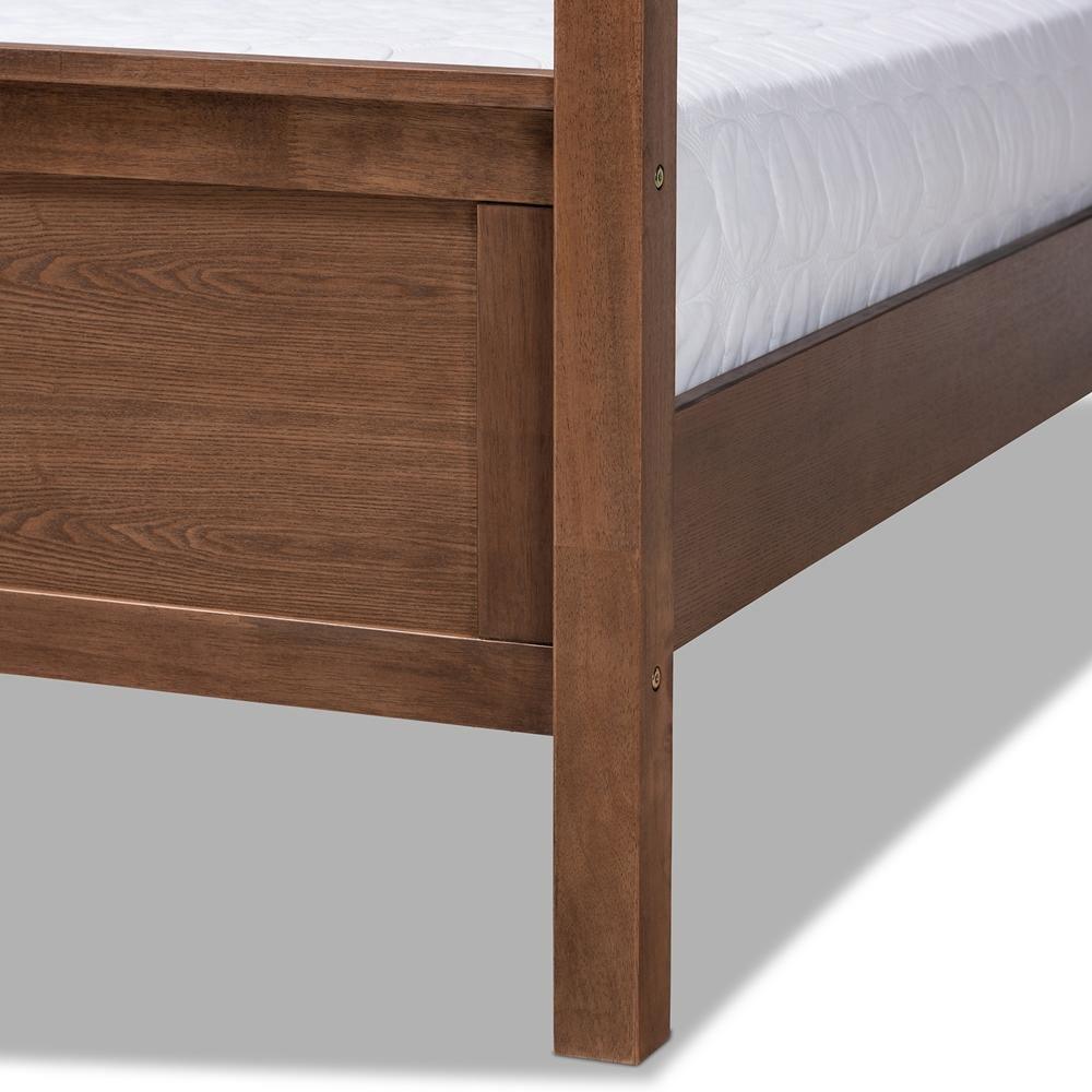 Natasha Modern and Contemporary Grey Fabric Upholstered and Walnut Brown Finished Wood Queen Size Platform Canopy Bed FredCo
