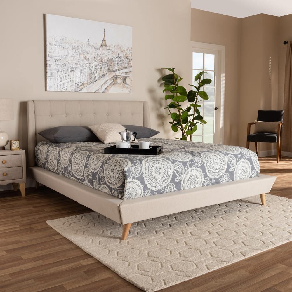 Naya Mid-Century Modern Beige Fabric Upholstered King Size Wingback Platform Bed FredCo