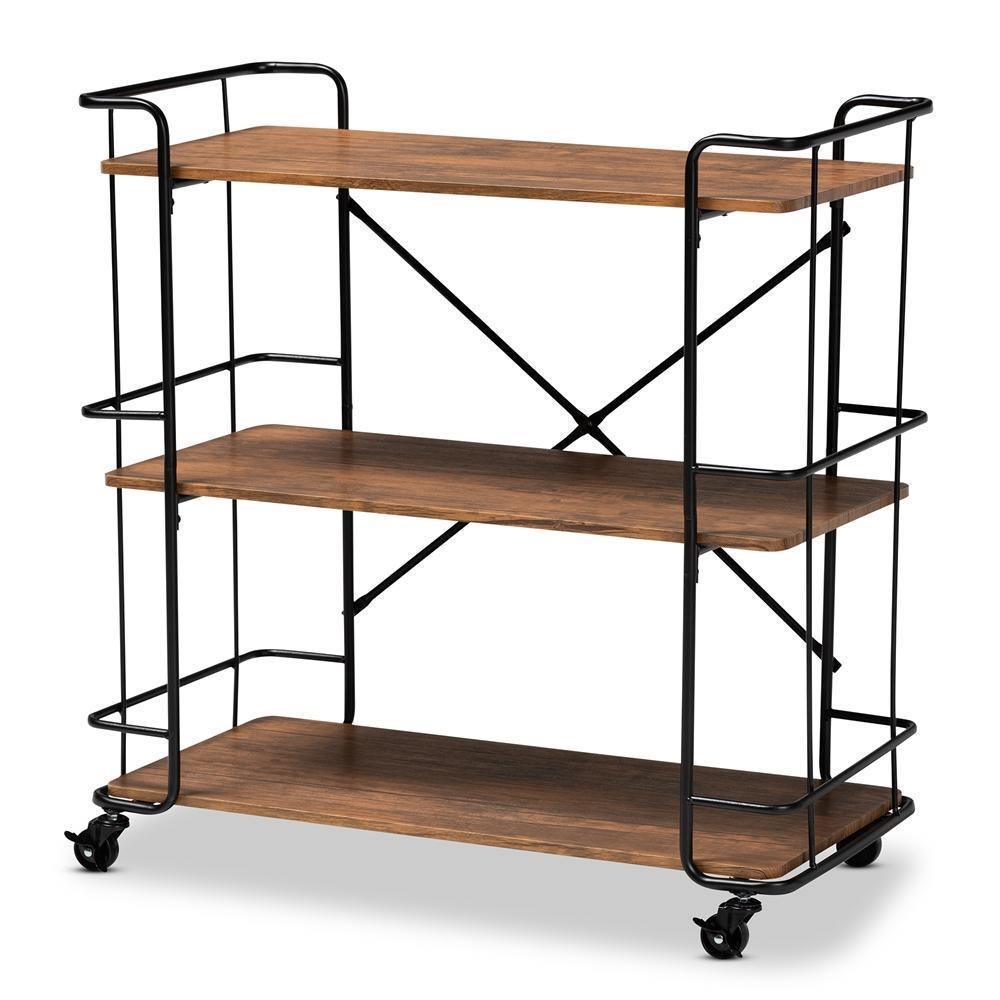 Neal Rustic Industrial Style Black Metal and Walnut Finished Wood Bar and Kitchen Serving Cart FredCo