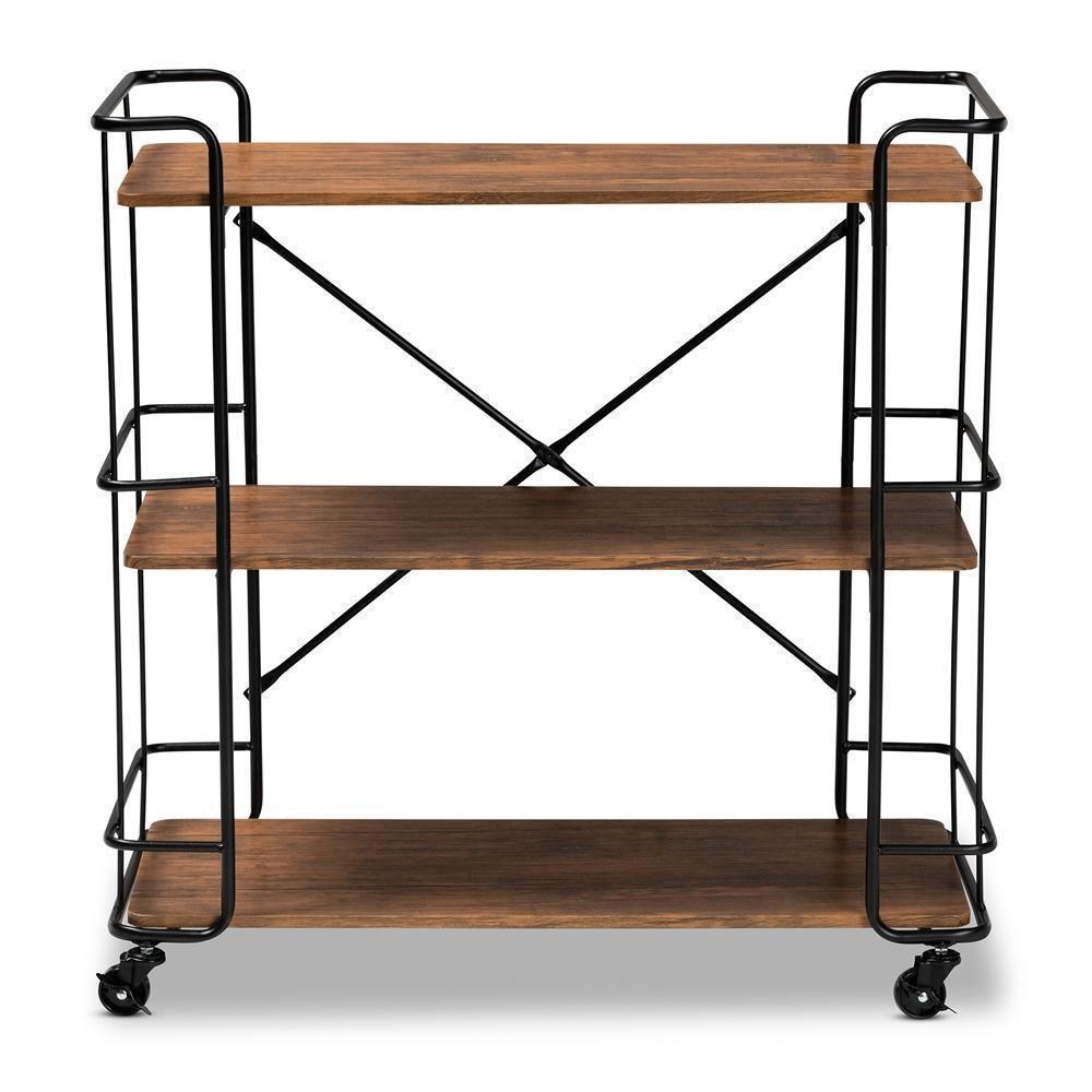 Neal Rustic Industrial Style Black Metal and Walnut Finished Wood Bar and Kitchen Serving Cart FredCo