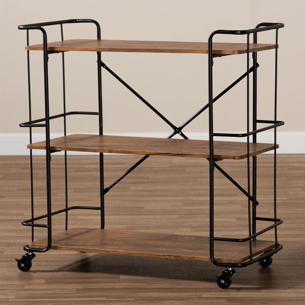 Neal Rustic Industrial Style Black Metal and Walnut Finished Wood Bar and Kitchen Serving Cart FredCo