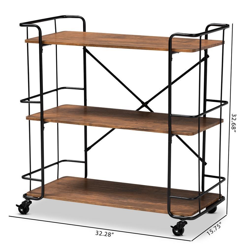 Neal Rustic Industrial Style Black Metal and Walnut Finished Wood Bar and Kitchen Serving Cart FredCo