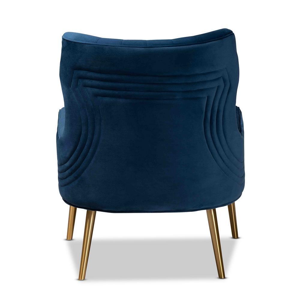 Nelson Modern Luxe and Glam Navy Blue Velvet Fabric Upholstered and Gold Finished Metal Armchair FredCo
