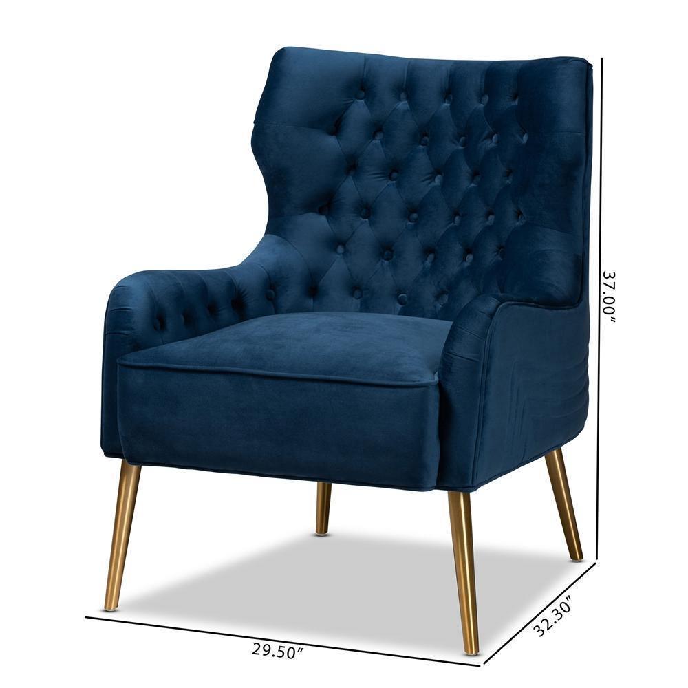 Nelson Modern Luxe and Glam Navy Blue Velvet Fabric Upholstered and Gold Finished Metal Armchair FredCo