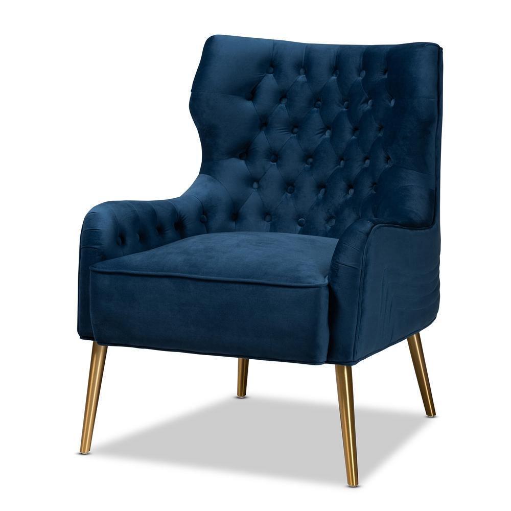Nelson Modern Luxe and Glam Navy Blue Velvet Fabric Upholstered and Gold Finished Metal Armchair FredCo