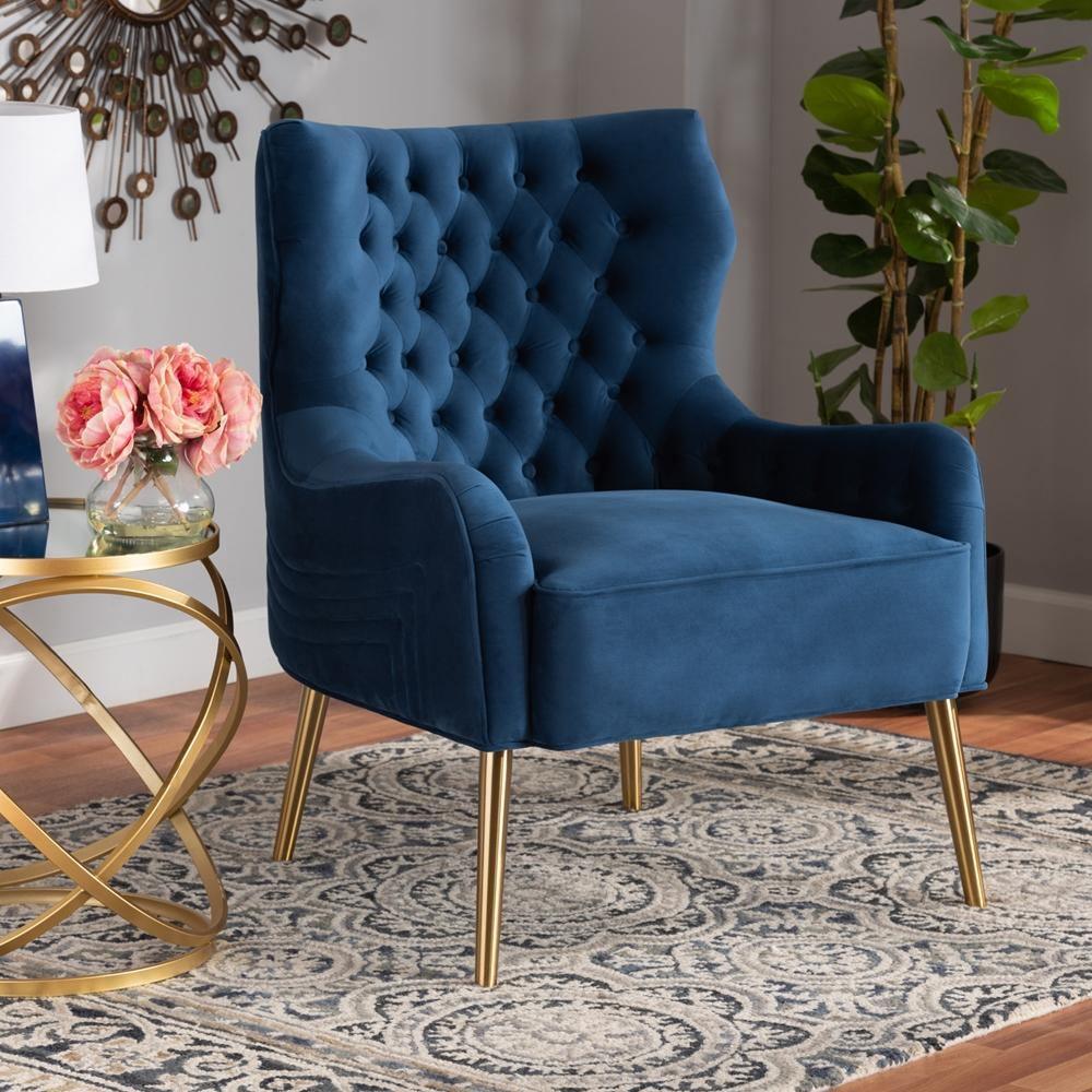 Nelson Modern Luxe and Glam Navy Blue Velvet Fabric Upholstered and Gold Finished Metal Armchair FredCo
