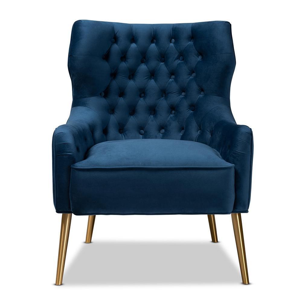 Nelson Modern Luxe and Glam Navy Blue Velvet Fabric Upholstered and Gold Finished Metal Armchair FredCo