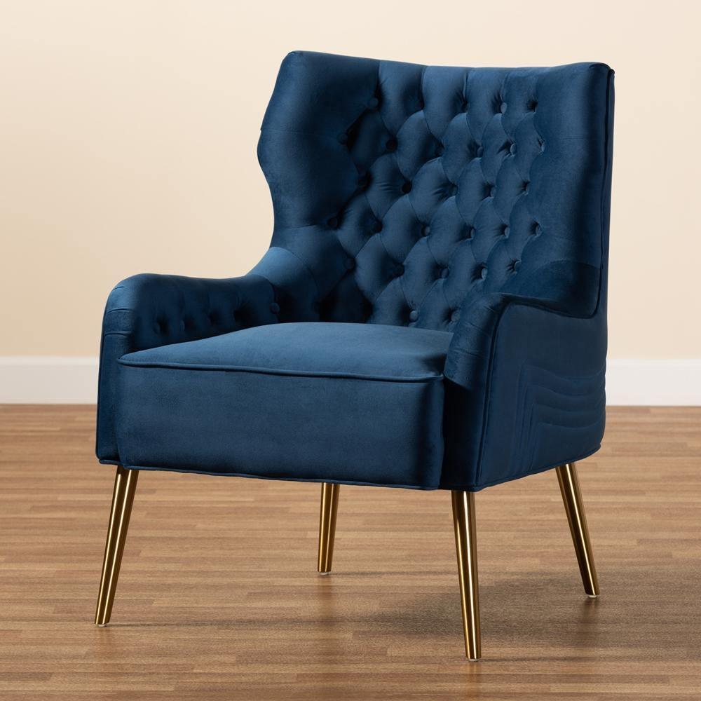 Nelson Modern Luxe and Glam Navy Blue Velvet Fabric Upholstered and Gold Finished Metal Armchair FredCo