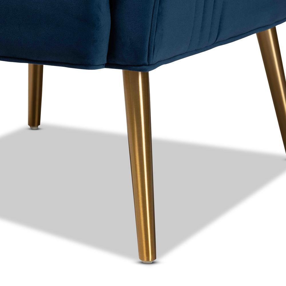 Nelson Modern Luxe and Glam Navy Blue Velvet Fabric Upholstered and Gold Finished Metal Armchair FredCo