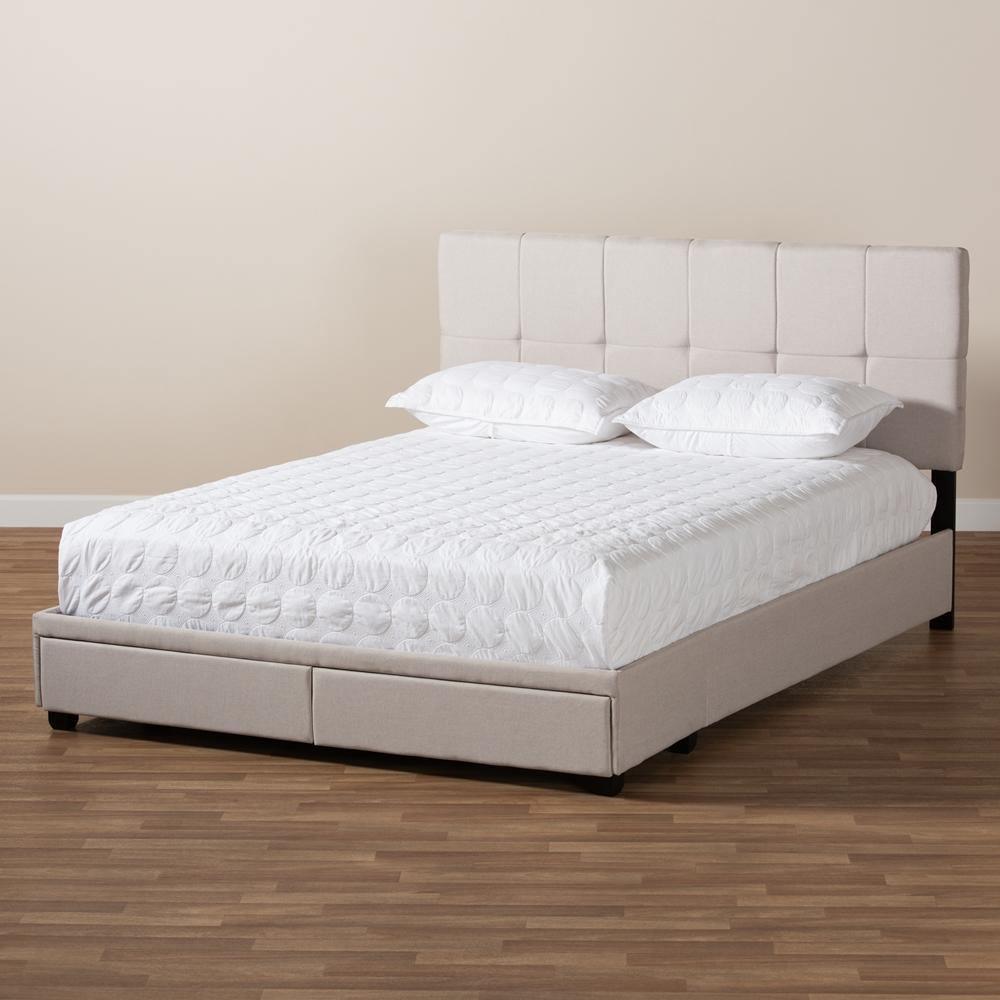 Netti Beige Fabric Upholstered 2-Drawer Queen Size Platform Storage Bed FredCo