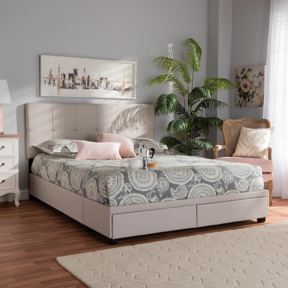 Netti Beige Fabric Upholstered 2-Drawer Queen Size Platform Storage Bed FredCo
