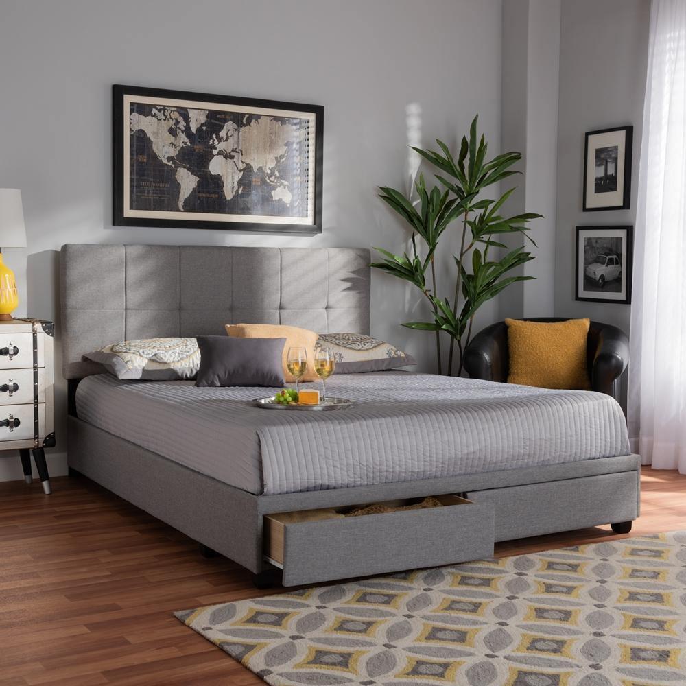 Netti Light Grey Fabric Upholstered 2-Drawer King Size Platform Storage Bed FredCo