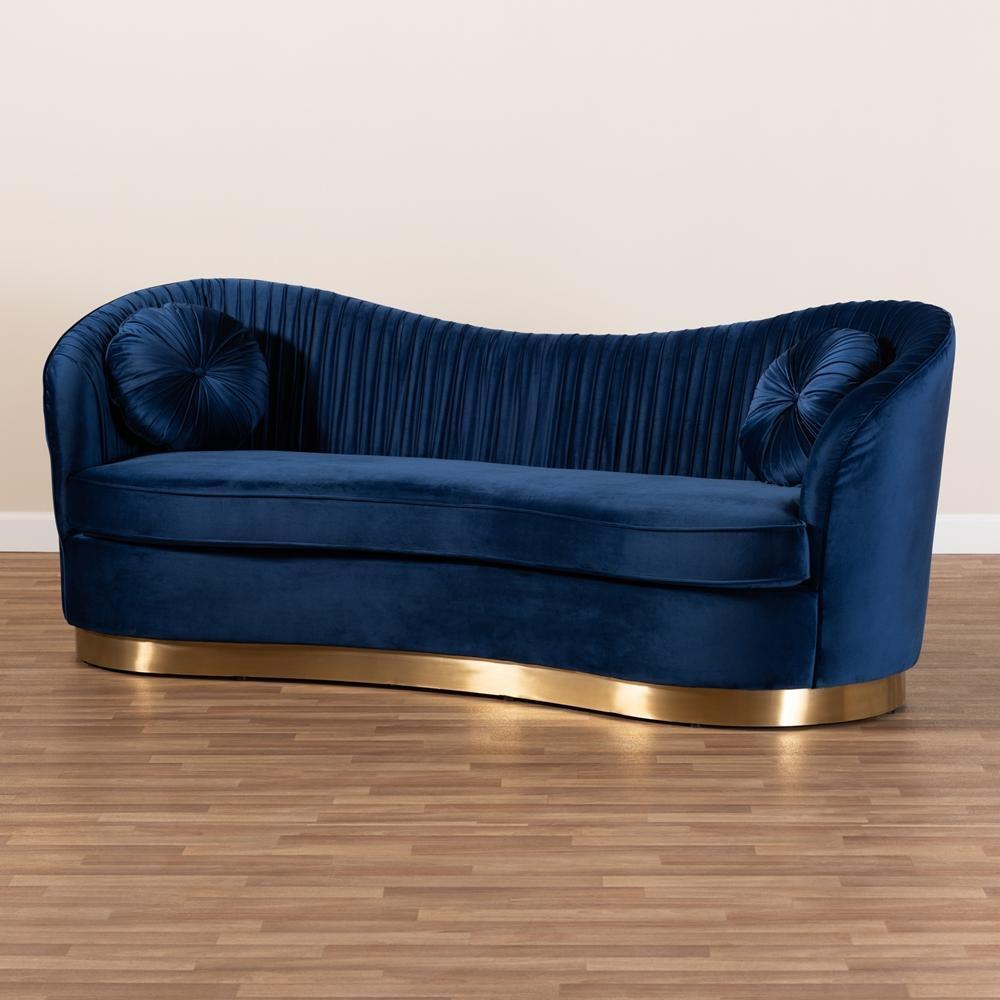 Nevena Glam Royal Blue Velvet Fabric Upholstered Gold-Finished Sofa FredCo