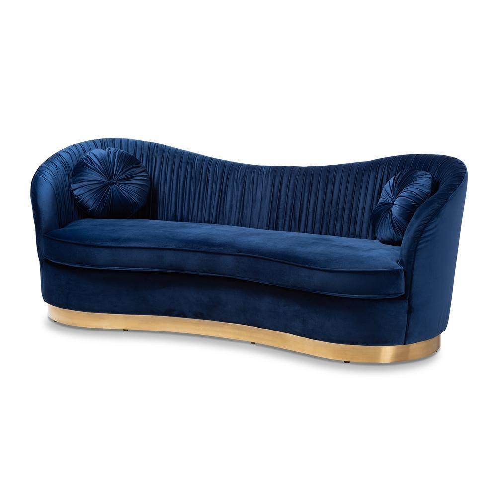Nevena Glam Royal Blue Velvet Fabric Upholstered Gold-Finished Sofa FredCo