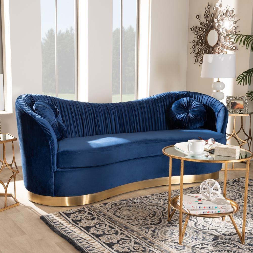 Nevena Glam Royal Blue Velvet Fabric Upholstered Gold-Finished Sofa FredCo