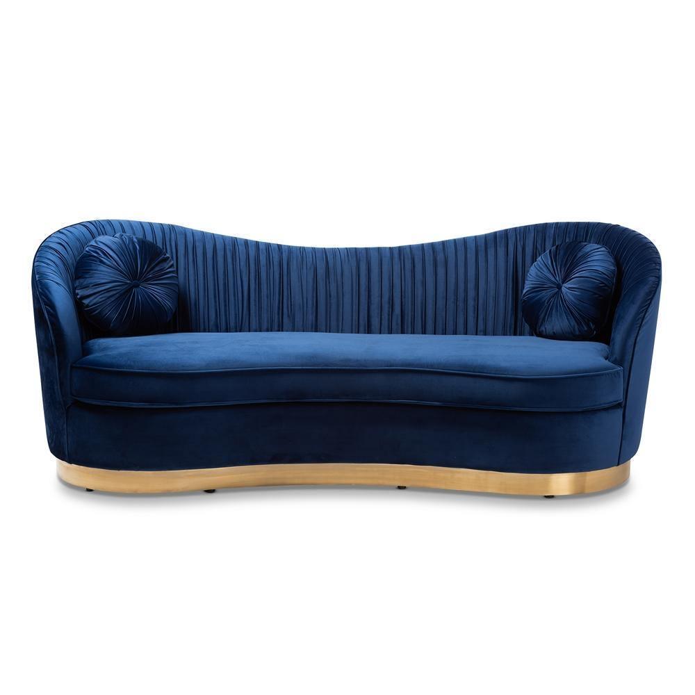 Nevena Glam Royal Blue Velvet Fabric Upholstered Gold-Finished Sofa FredCo