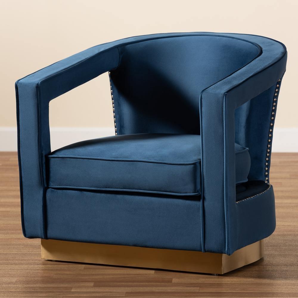 Neville Modern Luxe and Glam Navy Blue Velvet Fabric Upholstered and Gold Finished Metal Armchair FredCo