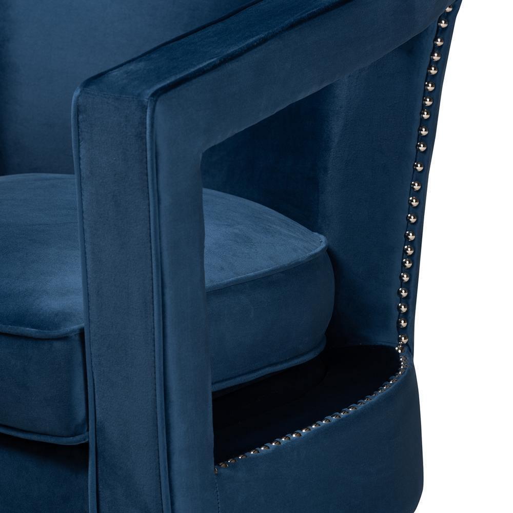 Neville Modern Luxe and Glam Navy Blue Velvet Fabric Upholstered and Gold Finished Metal Armchair FredCo