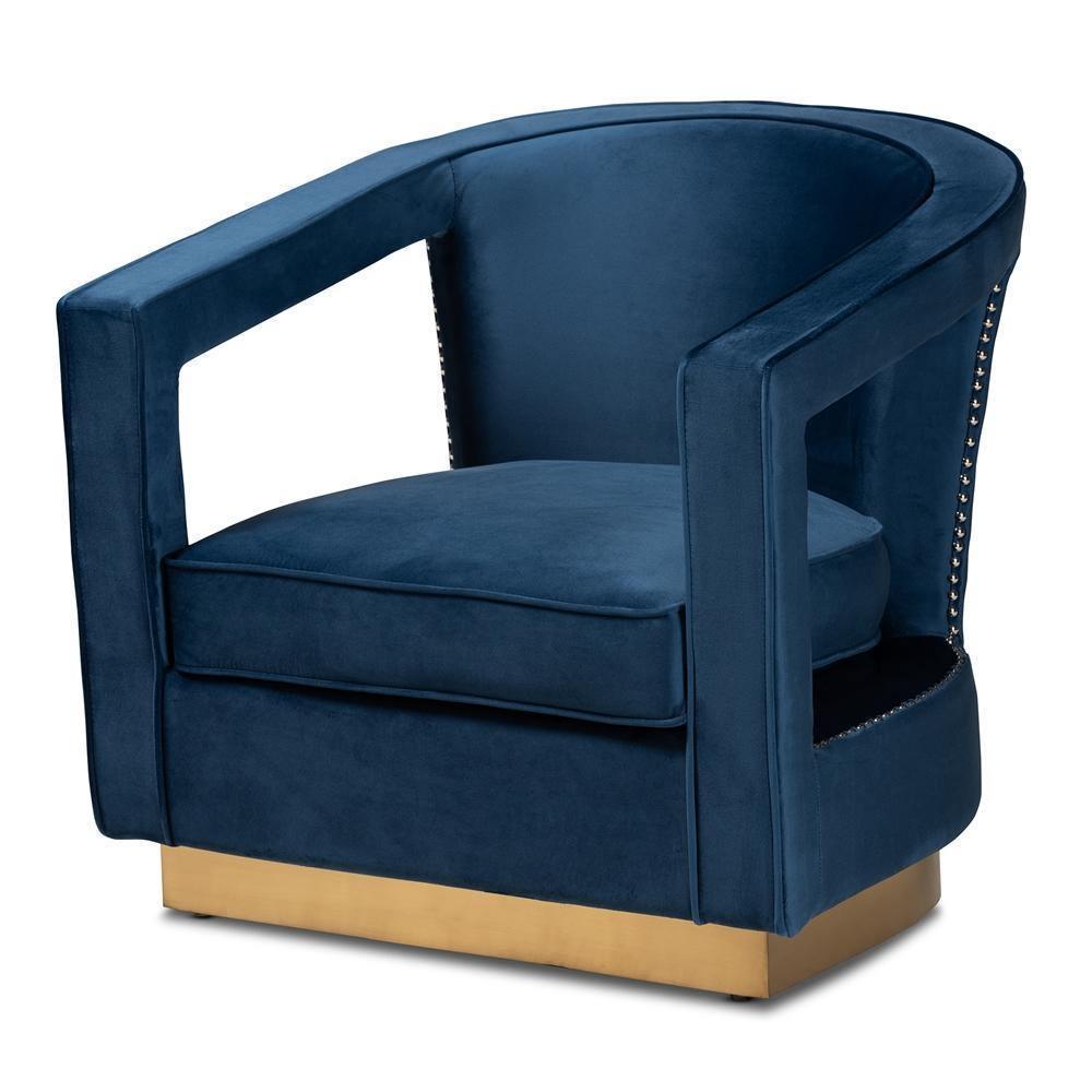 Neville Modern Luxe and Glam Navy Blue Velvet Fabric Upholstered and Gold Finished Metal Armchair FredCo