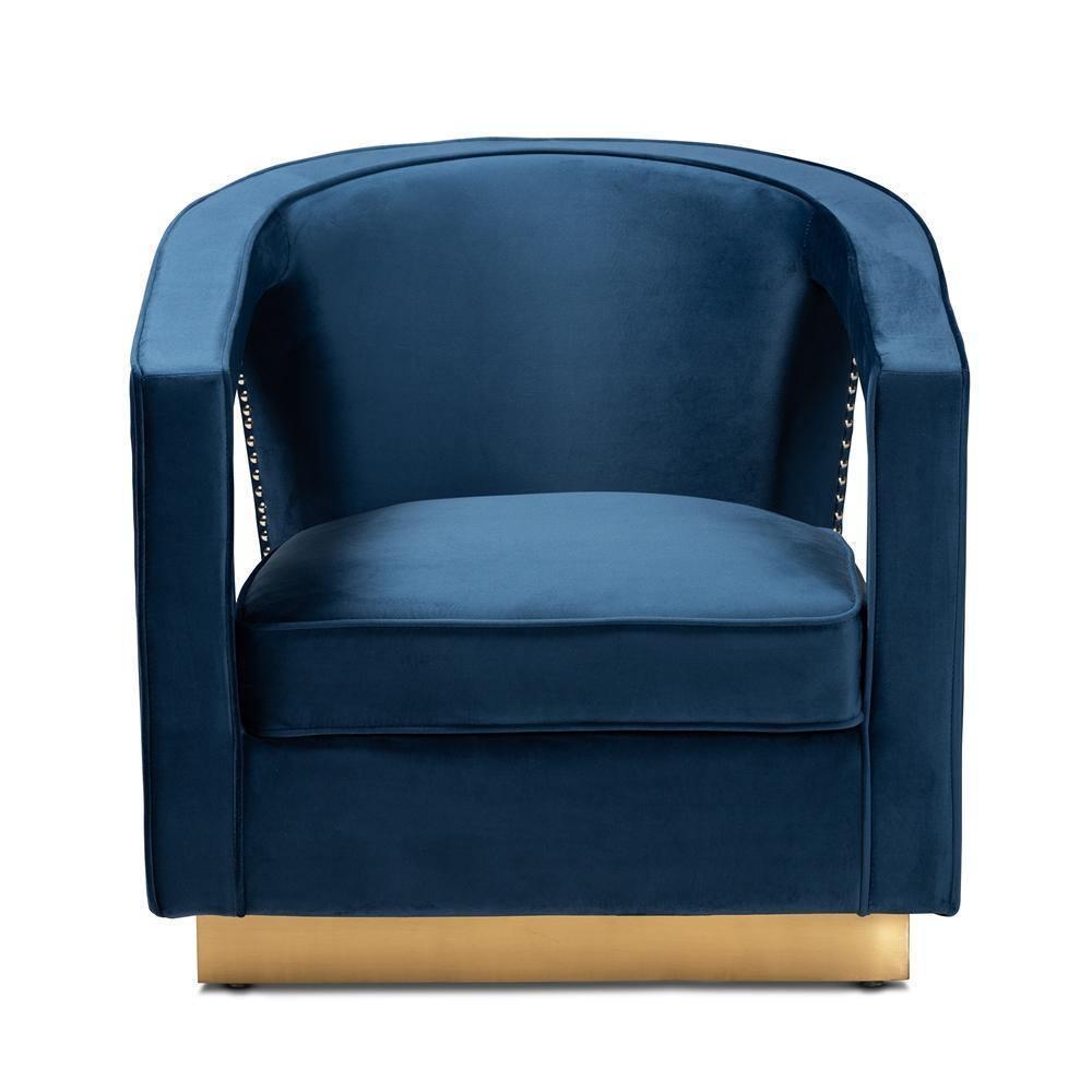 Neville Modern Luxe and Glam Navy Blue Velvet Fabric Upholstered and Gold Finished Metal Armchair FredCo