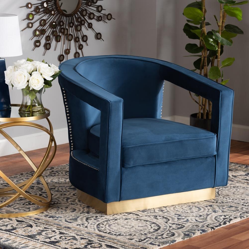 Neville Modern Luxe and Glam Navy Blue Velvet Fabric Upholstered and Gold Finished Metal Armchair FredCo