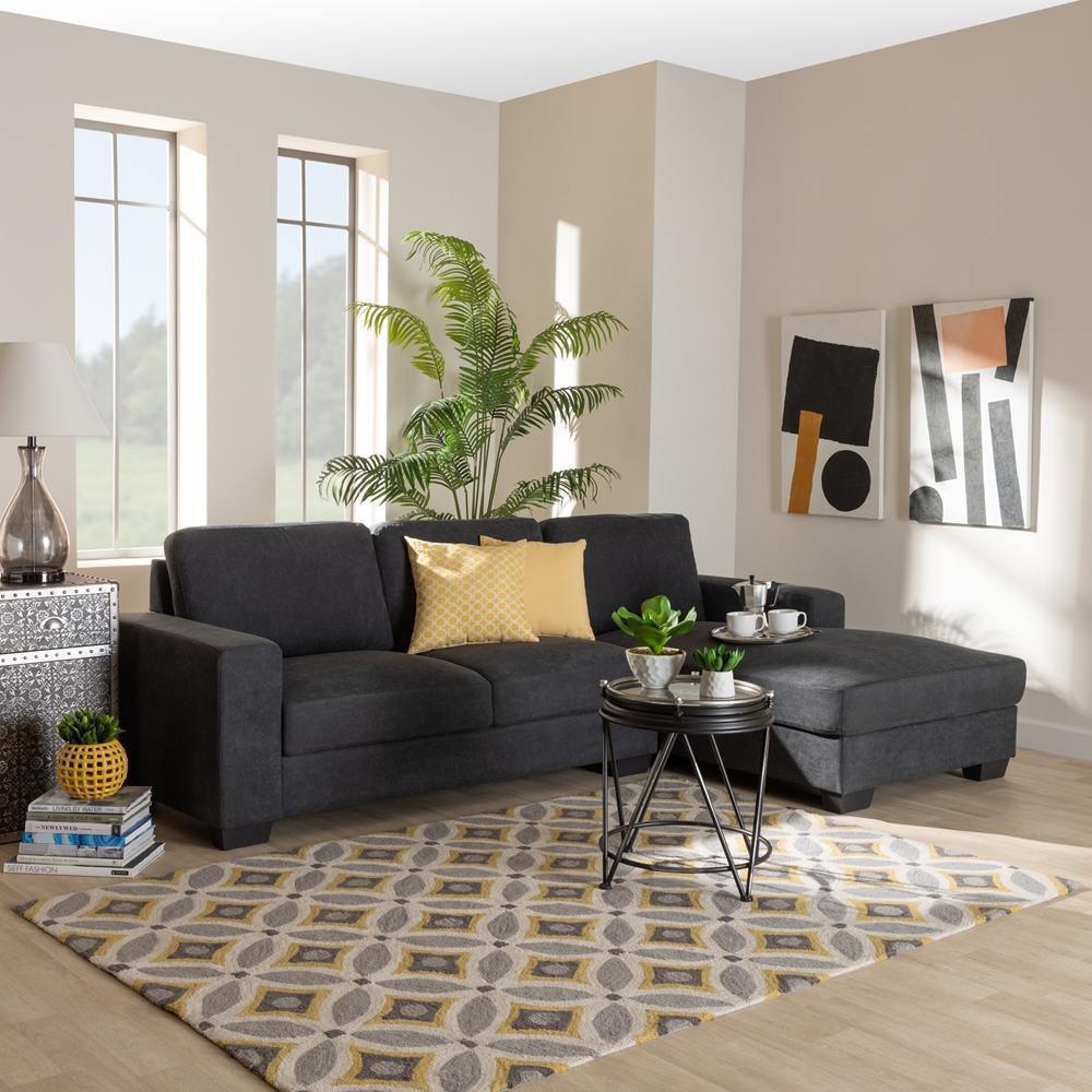 Nevin Modern and Contemporary Dark Grey Fabric Upholstered Sectional Sofa with Right Facing Chaise FredCo