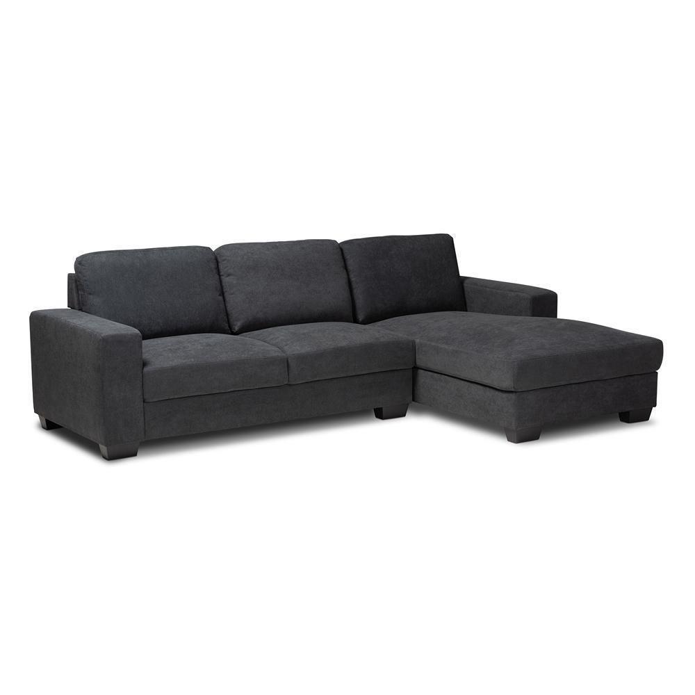 Nevin Modern and Contemporary Dark Grey Fabric Upholstered Sectional Sofa with Right Facing Chaise FredCo