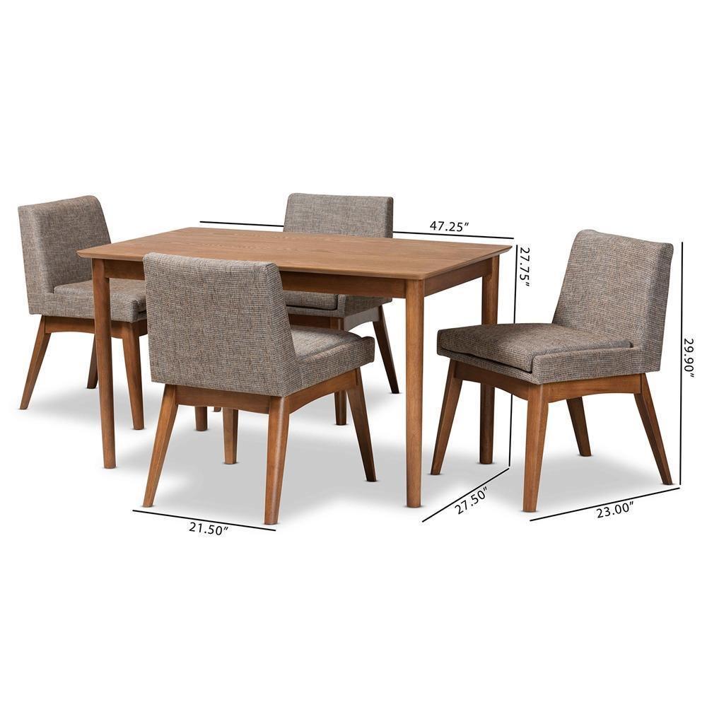 Nexus Mid-Century Modern Gravel Fabric Upholstered and Walnut Brown Finished Wood 5-Piece Dining Set FredCo