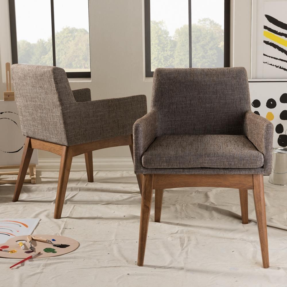 Nexus Mid-Century Modern Walnut Wood Finishing and Gravel Fabric Upholstered Arm Chair (Set of 2) FredCo